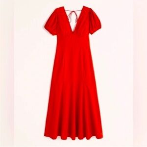 Abercrombie & Fitch Red Poplin Dress with Puff Sleeves